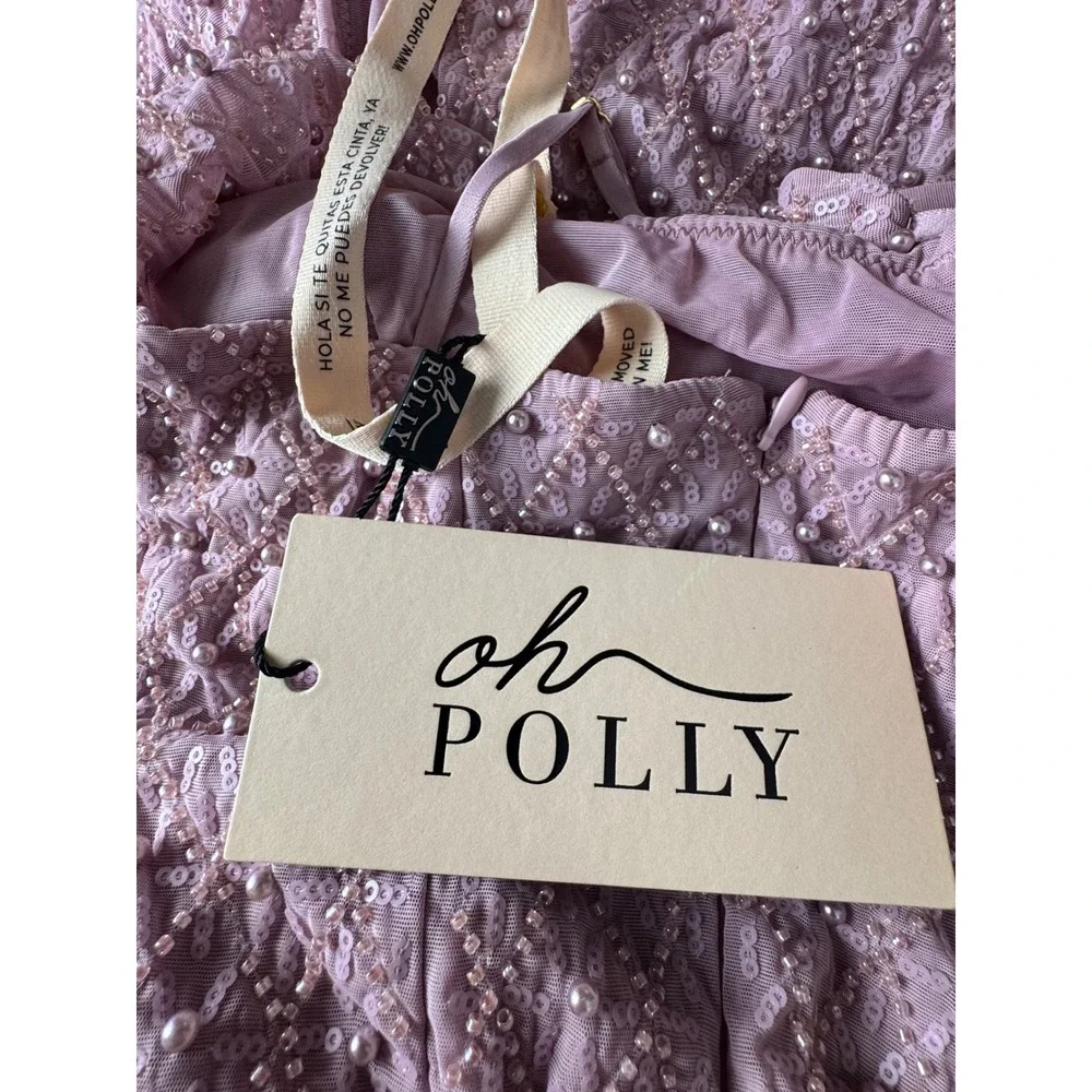 Oh Polly Mauve Beaded Sequin Midi Dress Square Neck Side Slit Purple US 4 NEW - Picture 8 of 9